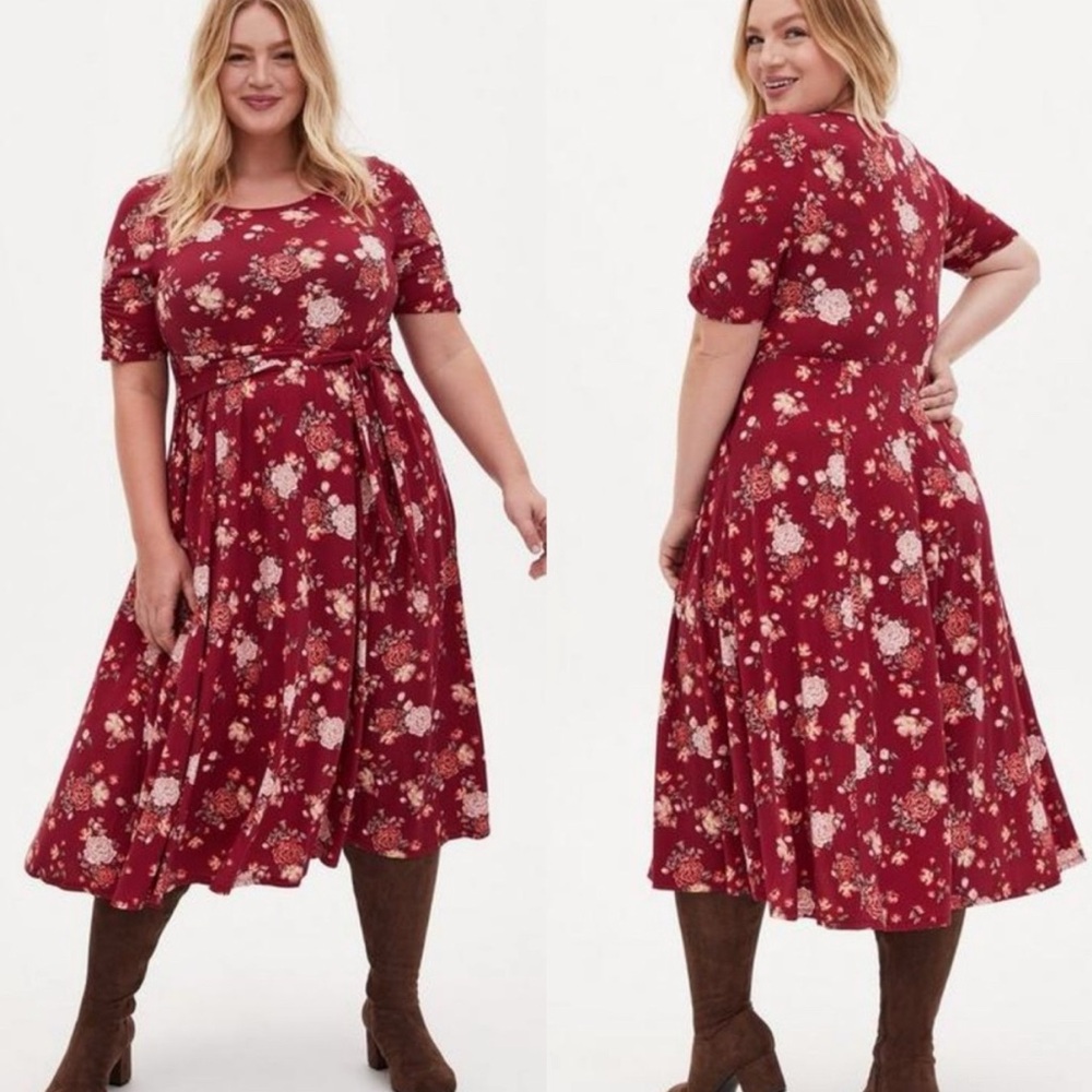 Torrid | Burgundy Red Floral Studio Knit Self Tie Midi Dress